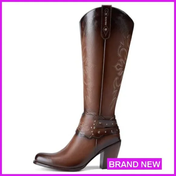 Knee High Cowboy Boots Western Style Chunky Heel Pull On Zipper Fashion - Picture 5 of 7